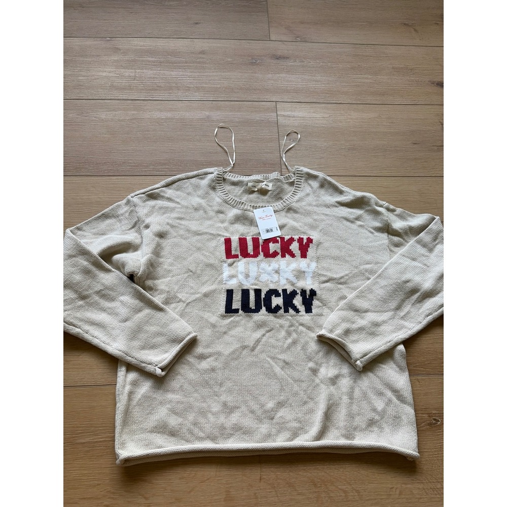Lucky Brand Womens Lucky Graphic Crewneck Sweater Beige Cotton Blend size large